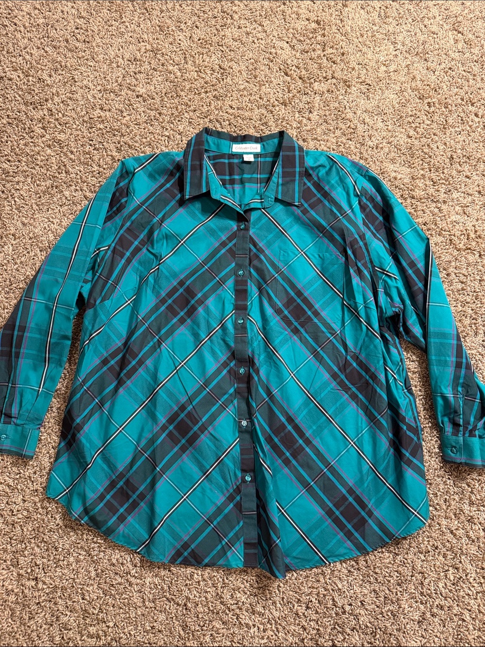 Coldwater Creek Teal and Black Plaid Button-Down Shirt